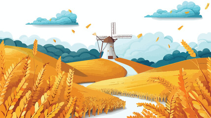 Rural landscape. Wheat fields and windmill vector illustration