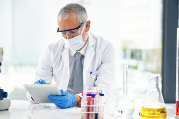Research, science and tablet with mature man in laboratory for breakthrough, experiment or...