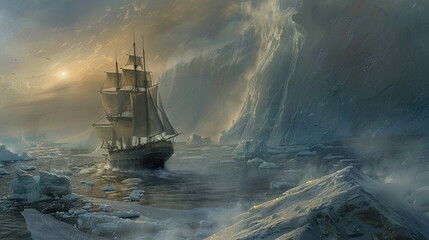 The chase, Moby Dick leading, the Pequod following, through icebergs and fog, cold, desolate. Illustrations.