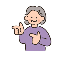 指差しポーズをするシニア女性のイラスト