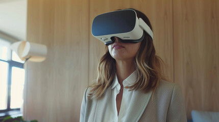 Businesswoman wearing shirt and suit working while using a VR headset. attractive gesture pose. in office room.