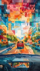 Fototapeta na wymiar An abstract painting of a car driving down a busy city street. The colors are bright and vibrant, and the city is full of life.