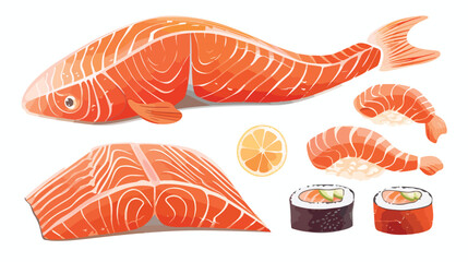 Salmon whole red fish raw steaks and fillet vector illustration
