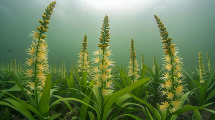 Underwater plant role in carbon sequestration. Kelp forest and seagrass meadow. Underwater forest carbon dioxide capture, - obrazy, fototapety, plakaty