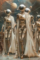 Four golden robots in white robes with glowing eyes walk in front of a blue and purple space backdrop - obrazy, fototapety, plakaty