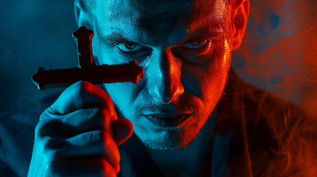 Van Helsing holding a crucifix, determined, dusk light, close-up, resolve against darkness.