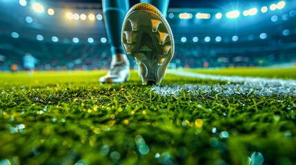 Close-up view of a soccer player's feet on a lush green field, with stadium lights creating an energetic game atmosphere