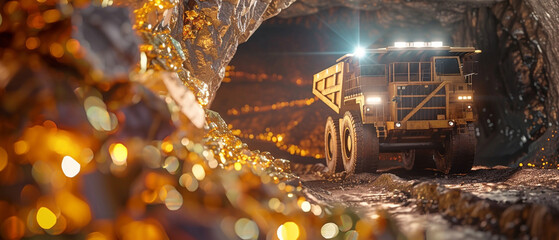 Mining Truck in a Gold Mine with Sparkling Ore