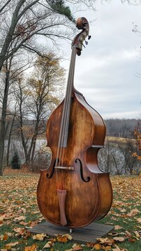 Large wooden double bass standing alone on a wooden platform amidst fallen leaves