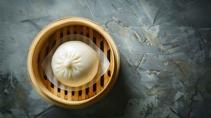 Pyanse steamed bun in a Bamboo steamer korean street food Gray background Top view Copy space : Generative AI
