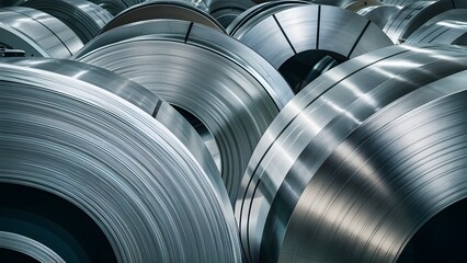 Several large, cylindrical metal rolls, showcasing a captivating gradient of silver to muted gray hues. The metal, possibly steel or aluminum - obrazy, fototapety, plakaty