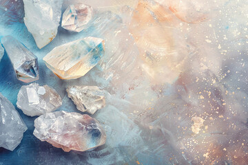 moonstone crystals geode close up on stone background, esoteric blue mineral texture on grey surface