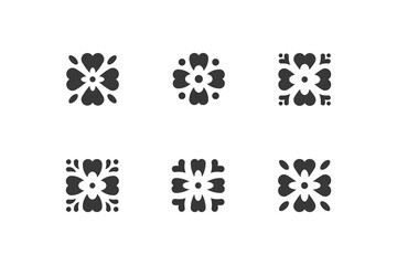 Four-leaf flower element. Set of 6 geometric emblem. Modern abstract decor element for emblem, badge, insignia.