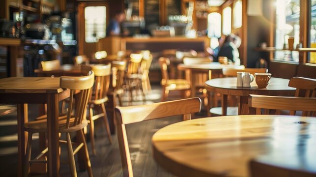 A cozy, warm ambiance in a cafe with empty wooden tables and chairs, inviting for a relaxing break with a drink
