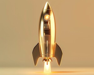 Golden Rocket Sculpture A sleek, golden rocket blasting upward, symbolizing skyrocketing investments - obrazy, fototapety, plakaty