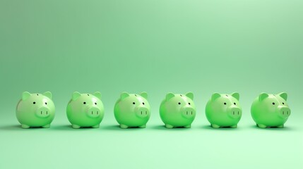Green piggy banks lineup, coin steps, new leaf savings, clear green backdrop