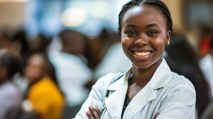 Portrait of a happy medical professional with a welcoming smile at a busy clinic - obrazy, fototapety, plakaty