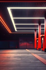 Gas station with red trim, nighttime shimmer, empty, overhead lights