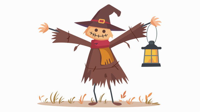 Scarecrow with lantern flat vector isolated on white