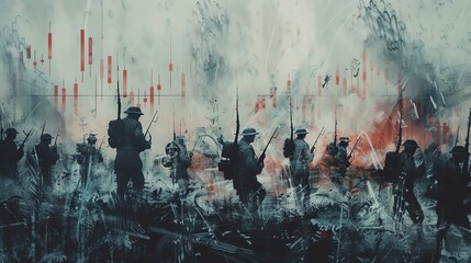 Stock Chart Battlefield A detailed painting reimagines a classic world war battle scene, with soldiers replaced by bars and lines representing the chaotic movement of stocks during the war - obrazy, fototapety, plakaty