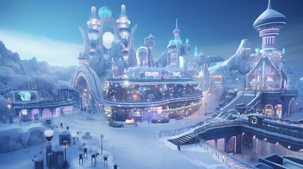 AI-generated engineers constructing an innovative winter-themed amusement park, complete with ice slides, snow mazes, and enchanting light displays - obrazy, fototapety, plakaty