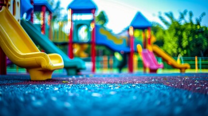 A detailed colorful playground equipment with a focus on the bright yellow slide against a bokeh background