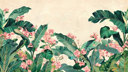 Tropical background with flowers. Exotic landscape in hand-drawn wotercolar style. Luxury wall mural. Wallpaper with leaves and flowers.