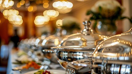 A luxurious banquet scene with shiny silver chafing dishes in the foreground, warm ambient lighting, and blurred floral arrangements