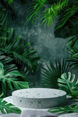 Cosmetics podium in jungle setting, stone platform, luxury minimal leaf design