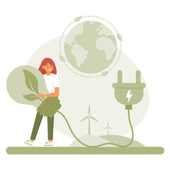 Girl pull out the plug, holds huge light bulb with green leaves inside. Eco save concept