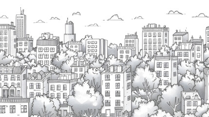 Monochrome seamless urban landscape with city street, generative Ai