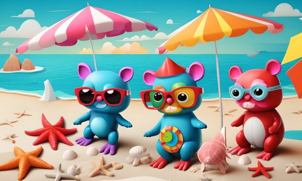 wallpaper for children, depicting adorable fantastic creatures at the beach