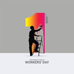 1st May Labor, Employee, Workers, Paint Painter Artist Creative Concept, 1 one painting a painter with ladder, Paint color colorful company and worker design idea concept for  Happy May Day, Editable