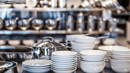 This shot captures a detailed assortment of home kitchenware organized neatly in a store's display shelves