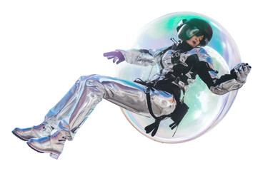 PNG  A cyberpunk astronaut floating in metalic bubble recreation adventure skydiving.