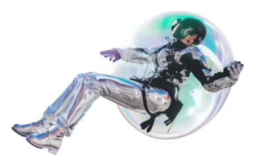 PNG  A cyberpunk astronaut floating in metalic bubble recreation adventure skydiving.