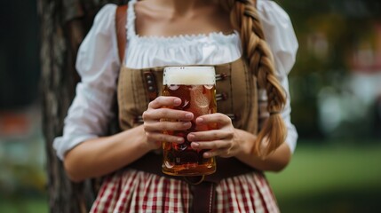 A person wearing a traditional dirndl is holding a beer stein