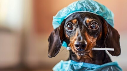 A caring professional veterinarian in medical scrubs attentively examines a well-behaved dog during a routine checkup - obrazy, fototapety, plakaty