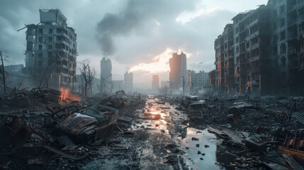 A bleak and desolate postapocalyptic landscape featuring destroyed buildings, burnt-out vehicles, and ruined roads in a 3D rendering. - obrazy, fototapety, plakaty