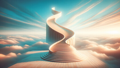 AI generated illustration of an ethereal staircase winds elegantly into the sky - obrazy, fototapety, plakaty