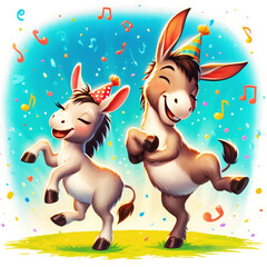 Fototapeta premium AI generated illustration of cartoon donkeys dancing with party hats on, surrounded by music notes