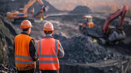 Two industrial workers in high visibility vests survey an open-pit mining operation during an early morning shift under a soft sunrise