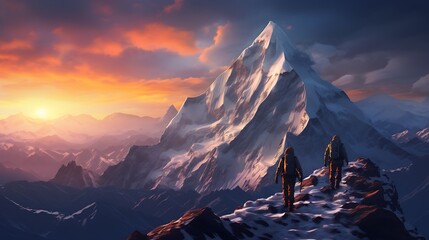 AI-generated hikers ascending a snow-covered mountain peak, greeted by a breathtaking sunrise on a crisp winter morning - obrazy, fototapety, plakaty