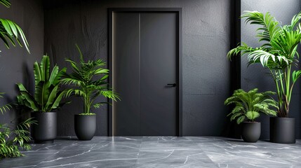 A sleek black door is flanked by elegant potted plants, showcasing modern interior design and home decor articulating simplicity and elegance - obrazy, fototapety, plakaty