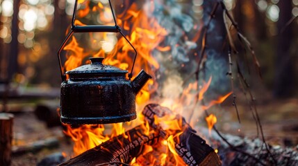 An old kettle boils over a crackling campfire, evoking the outdoor adventure and the comforting warmth of a rustic camping experience - obrazy, fototapety, plakaty
