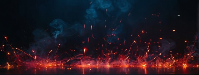 Dark abstract bokeh background, magic smoke and sparks, neon red. - obrazy, fototapety, plakaty