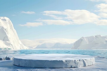 Polar platform for icy display, snow mountain essence, arctic sea podium, clear sky ad