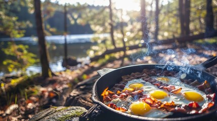 Outdoor adventure captured with breakfast cooking over a campfire in a forest, exuding a sense of wilderness and freedom - obrazy, fototapety, plakaty