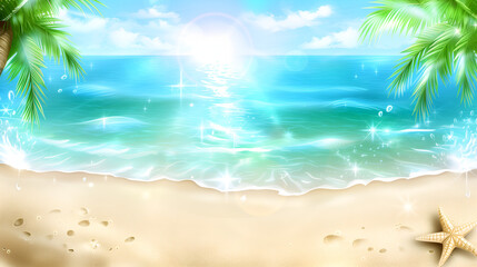 Fototapeta na wymiar Summertime illustration with copy space. Beach, seawater, sand and Seastar.