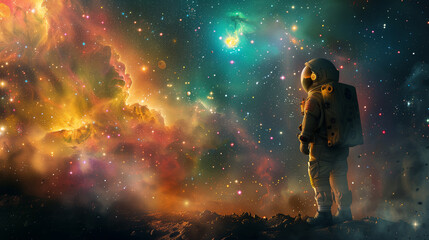 Naklejka premium an astronaut, stationing on a rocky alien surface. He gazes at a vibrant nebula amidst a star-studded backdrop, embodying immense and beautiful expansion of space